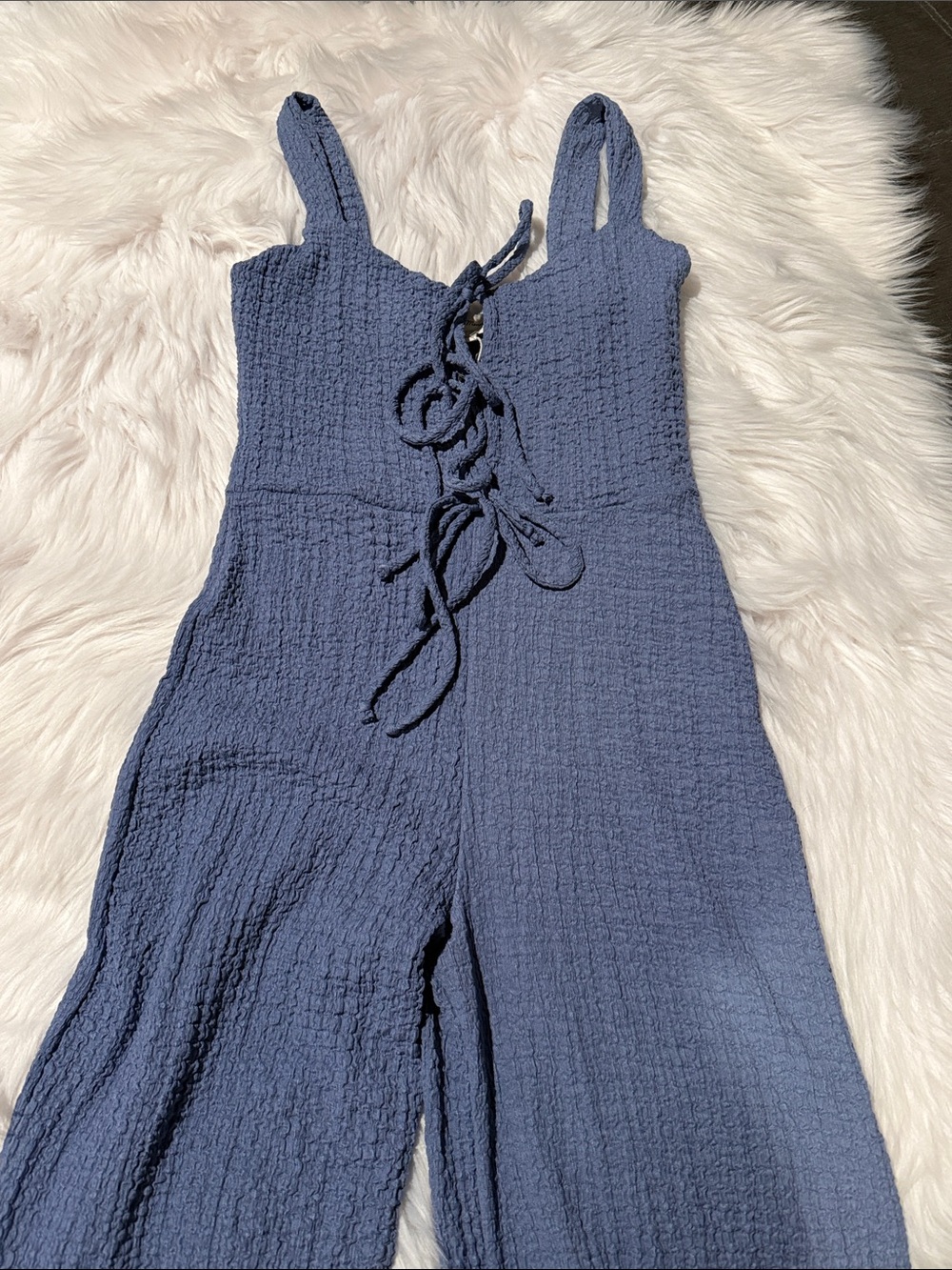 See You Monday Slate Blue Textured Tie-Front Jumpsuit